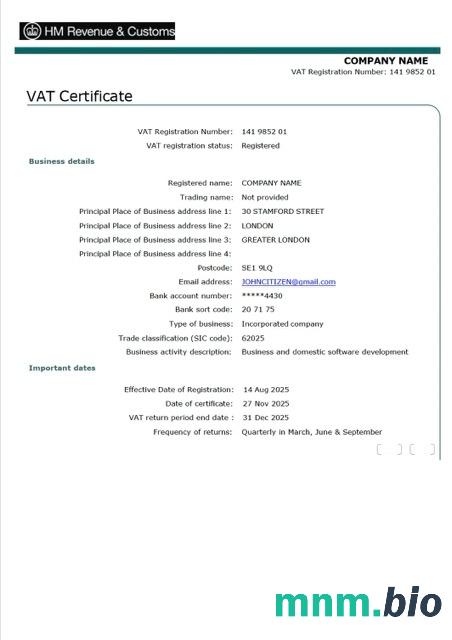 UK certyfikat VAT Word i PDF szablon